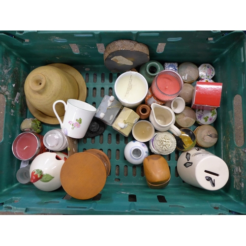 2332 - A crate of candle holders, collectible money boxes, mirrors, cheese dish, etc.