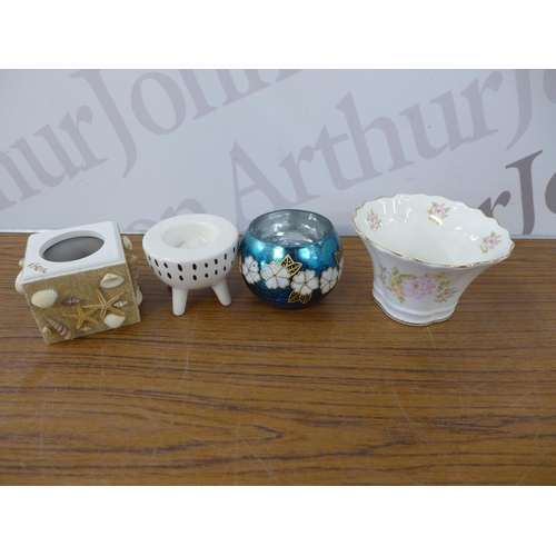 2332 - A crate of candle holders, collectible money boxes, mirrors, cheese dish, etc.