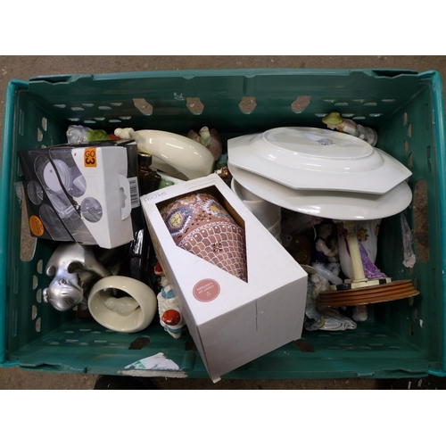 2334 - A crate of various ornaments including Royal Doulton figures, Yardley and ironstone ware