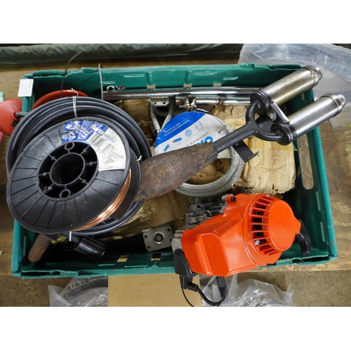 2347 - A box of assorted unused parts and consumables including: an air hose, band saw blades, a winch wire... 