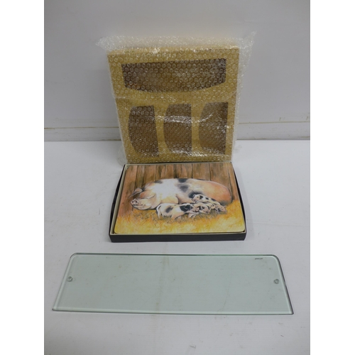 2362 - A square glass shelf - a wooden display case and a quantity of large coasters