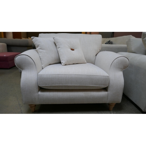 1496 - An oatmeal linen love seat with teak detail - Brand new RRP £599