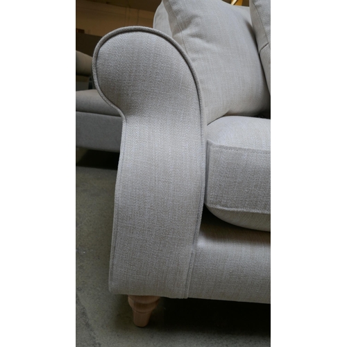 1496 - An oatmeal linen love seat with teak detail - Brand new RRP £599