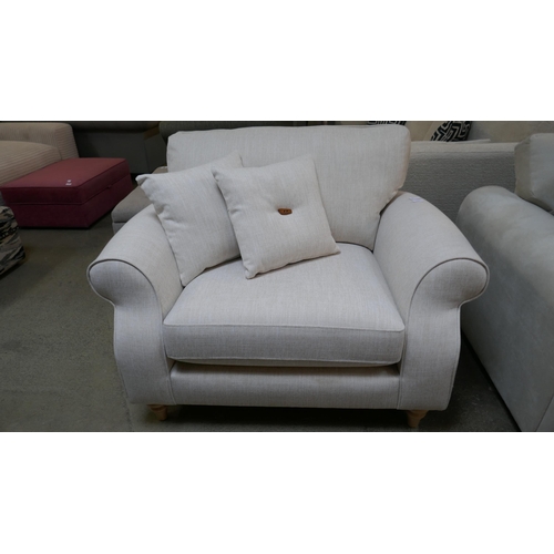 1496 - An oatmeal linen love seat with teak detail - Brand new RRP £599