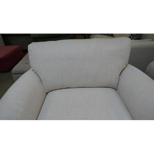 1496 - An oatmeal linen love seat with teak detail - Brand new RRP £599