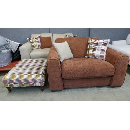 1507 - A silver/gold two seater sofa with contrasting brick red love seat and footstool - Brand new RRP £24... 