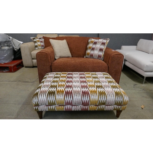 1507 - A silver/gold two seater sofa with contrasting brick red love seat and footstool - Brand new RRP £24... 