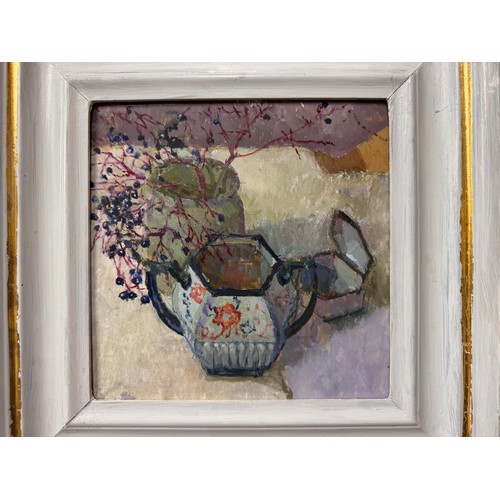 309 - Jennifer Percival, still life with elderberries, oil on board, framed, Mall Galleries label verso