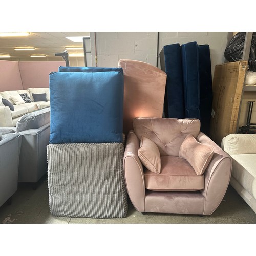 1541 - A lilac/pink Hoxton armchair, sofa parts and footstools