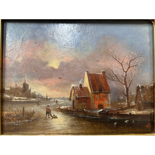 315 - Continental School, figures skating on a frozen river, oil on board, framed, initialed VC