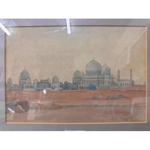 316 - H.K.J. Golconda, view of the Taj Mahal from the desert, watercolour, dated 1919, framed