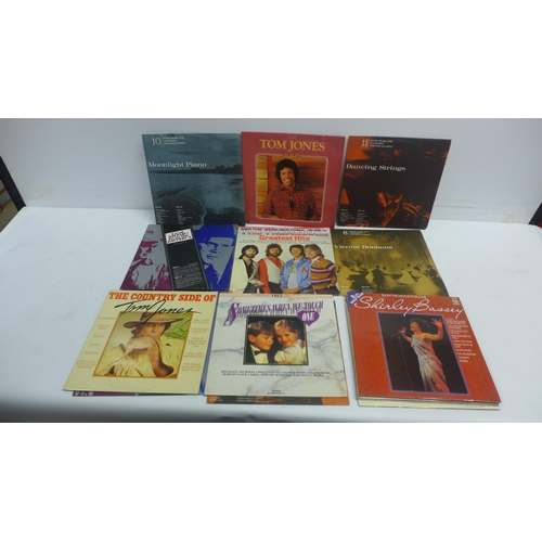 2130 - A large box of LP records including Tom Jones, Jennifer Rush, Shirley Bassey, The Inkspots, etc.