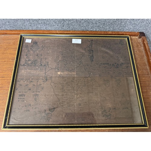 327 - After John Speed, 17th Century style map of Bedfordshire, framed