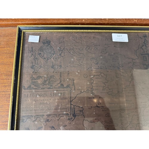 327 - After John Speed, 17th Century style map of Bedfordshire, framed