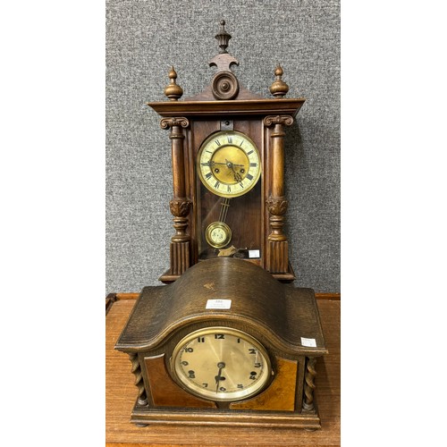 386 - An early 20th Century oak and walnut mantle clock and beech wall clock