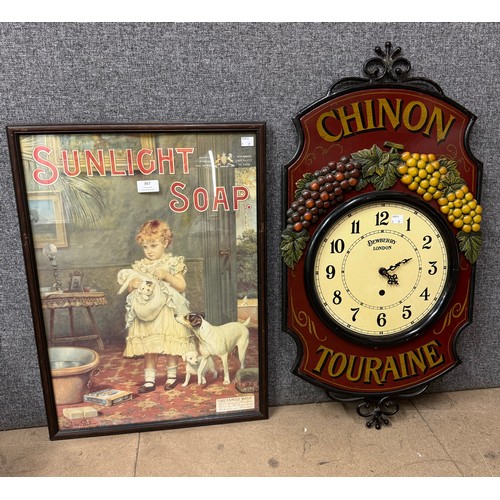 367 - A Sunlight soap advertising poster, framed and wrought iron Dewberry clock