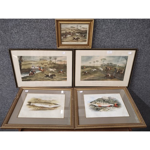 339 - Three steeplechase prints and two others, all framed