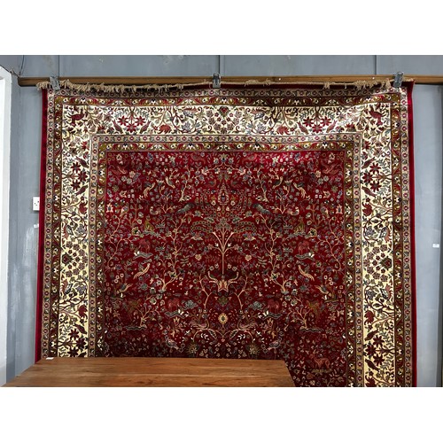 1349 - Large red ground cashmere carpet full pile weather all over tree of life design 340cm x 295cm