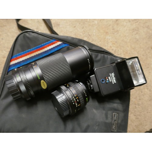 2372 - A quantity of photography equipment including a Canon EOS 500N camera, a Yashica FX-D quartz camera,... 