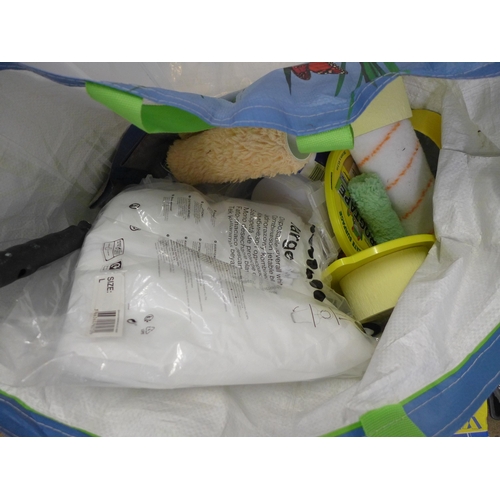 2012 - A large plastic box of decorating equipment, including rollers, paint brushes, tile cutter and an AG... 