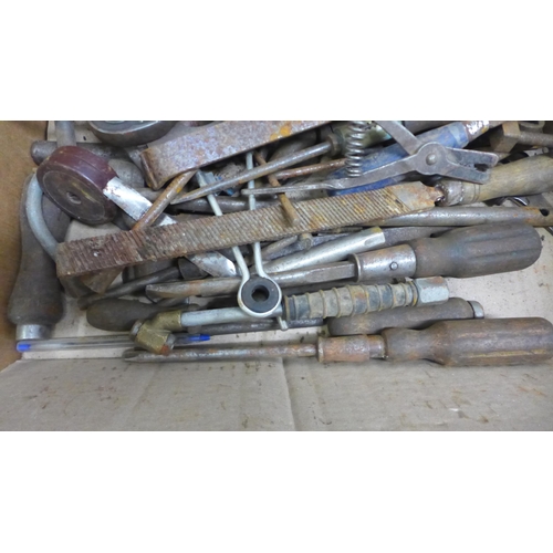 2010 - A box of handheld tools including a ratchet, spanners, screwdrivers, files, etc., 2 foot pumps and a... 