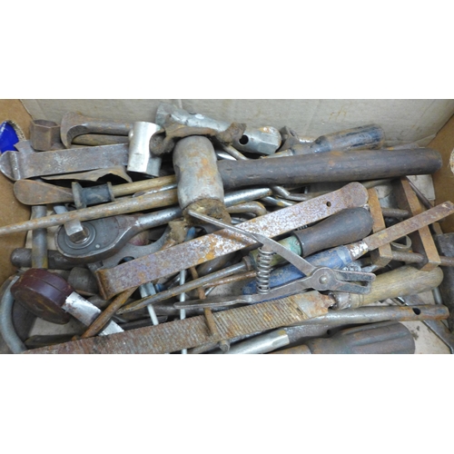 2010 - A box of handheld tools including a ratchet, spanners, screwdrivers, files, etc., 2 foot pumps and a... 