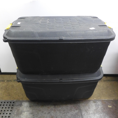 2021 - 2 black plastic heavy duty 145 litre storage boxes on wheels