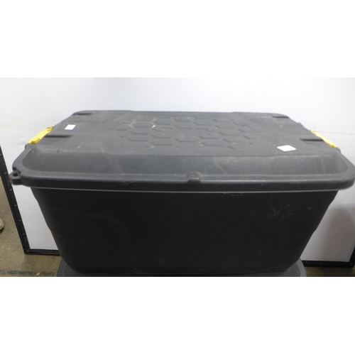 2021 - 2 black plastic heavy duty 145 litre storage boxes on wheels