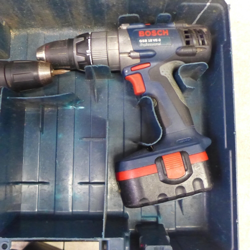 2025 - A pair of cordless Bosch power drills including  a Bosch GSR 18V drill and a Bosch GSB 18VE-2, 18V d... 