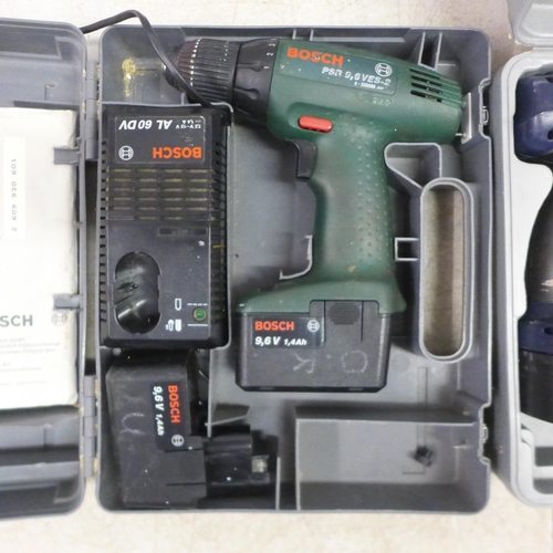 2026 - A Bosch PSR9-6VE5-2 drill with 2 batteries and charger and a Ferm FCD2400I drill with 2 batteries an... 