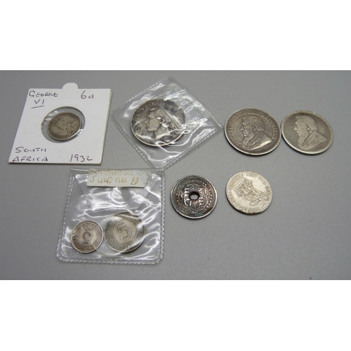 1000 - Seven silver coins including an 1896 South African 2½ shillings, and one other coin, (George III coi... 