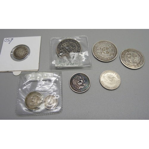 1000 - Seven silver coins including an 1896 South African 2½ shillings, and one other coin, (George III coi... 