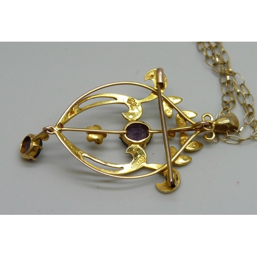 1007 - A 9ct gold Art Nouveau amethyst and seed pearl pendant on a 9ct gold chain, 3.9g, lacking one seed p... 