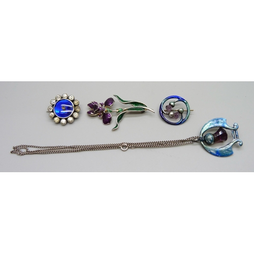 1011 - A Charles Horner silver brooch and pendant, both a/f, and two other brooches