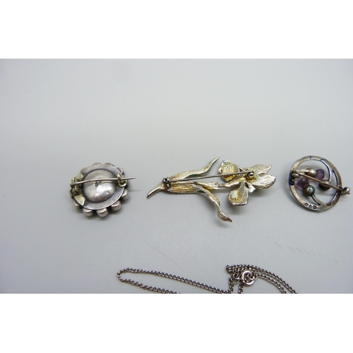 1011 - A Charles Horner silver brooch and pendant, both a/f, and two other brooches