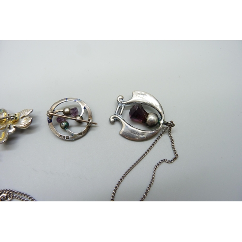 1011 - A Charles Horner silver brooch and pendant, both a/f, and two other brooches