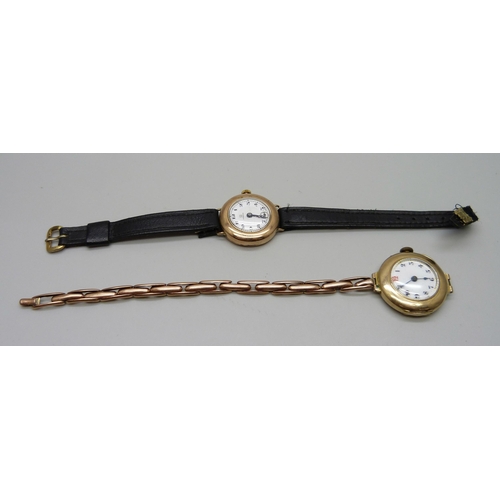 1024 - Two lady's 9ct gold cased wristwatches, one Omega with enamel dial, movement numbered 7603296, the o... 