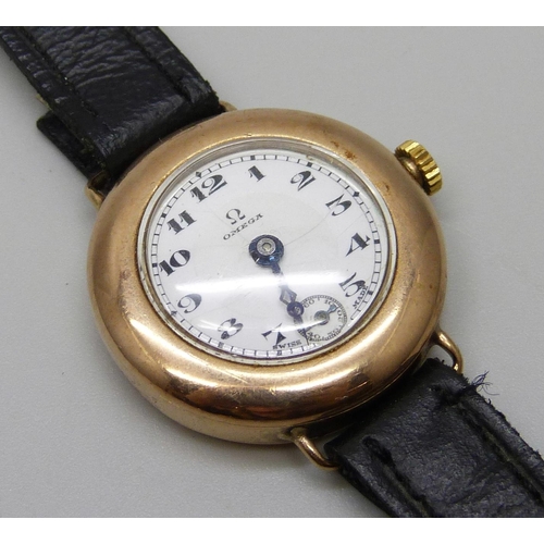 1024 - Two lady's 9ct gold cased wristwatches, one Omega with enamel dial, movement numbered 7603296, the o... 