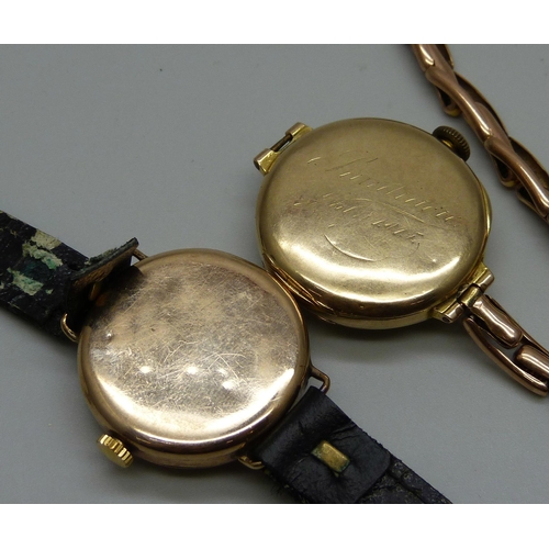 1024 - Two lady's 9ct gold cased wristwatches, one Omega with enamel dial, movement numbered 7603296, the o... 