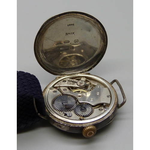 1025 - A silver cased Rolex WWI pilot/military officers trench wristwatch, London import mark for 1915, inn... 