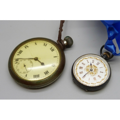 1027 - A military issue pocket watch, lacking loop, and a lady's 935 silver fob watch with gold numbers and... 