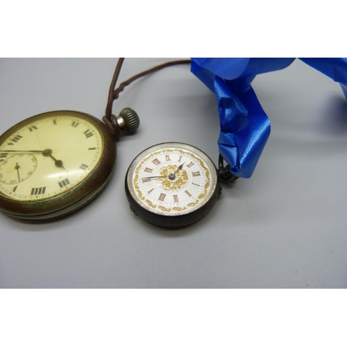 1027 - A military issue pocket watch, lacking loop, and a lady's 935 silver fob watch with gold numbers and... 