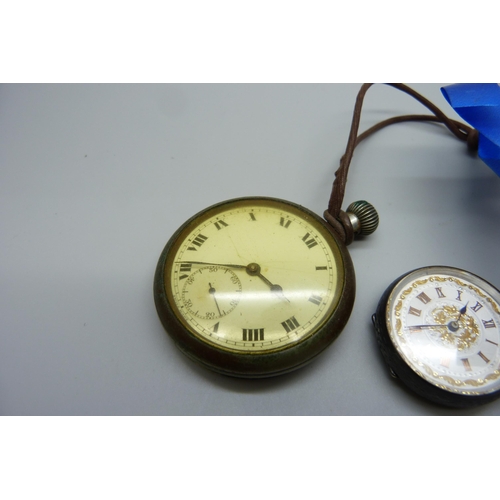 1027 - A military issue pocket watch, lacking loop, and a lady's 935 silver fob watch with gold numbers and... 