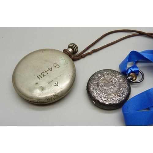 1027 - A military issue pocket watch, lacking loop, and a lady's 935 silver fob watch with gold numbers and... 