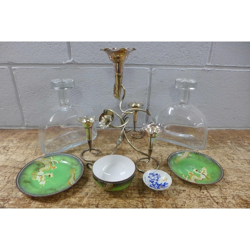 1047 - A silver plate epergne, a pair of Kvosno glass decanters, a Japanese trio and a Japanses dish **PLEA... 