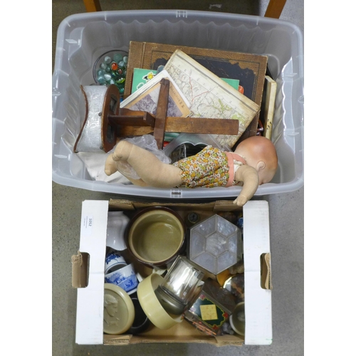 1052 - Two boxes of assorted items, doll, maps, 19th century scrap album, marbles, playing cards, field gla... 