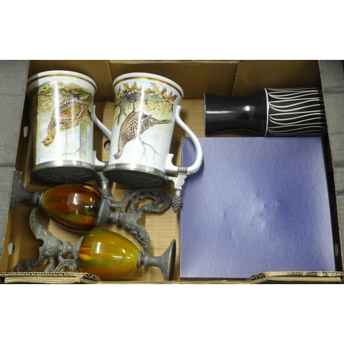 1053 - A Royal Doulton toilet set, a large breadcrock, other vases and tankards (2 boxes), **PLEASE NOTE TH... 