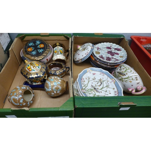 1055 - Two boxes of 19th and 20th century porcelain, Doulton stoneware vase, Gaudy Welsh teapot, etc. **PLE... 