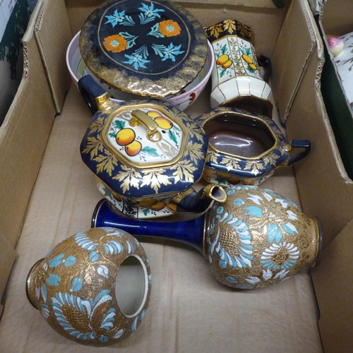 1055 - Two boxes of 19th and 20th century porcelain, Doulton stoneware vase, Gaudy Welsh teapot, etc. **PLE... 