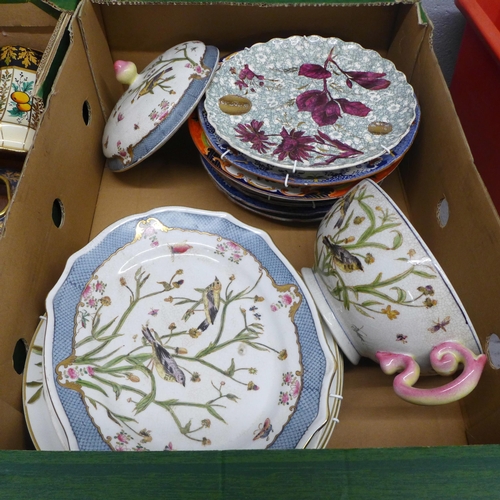 1055 - Two boxes of 19th and 20th century porcelain, Doulton stoneware vase, Gaudy Welsh teapot, etc. **PLE... 